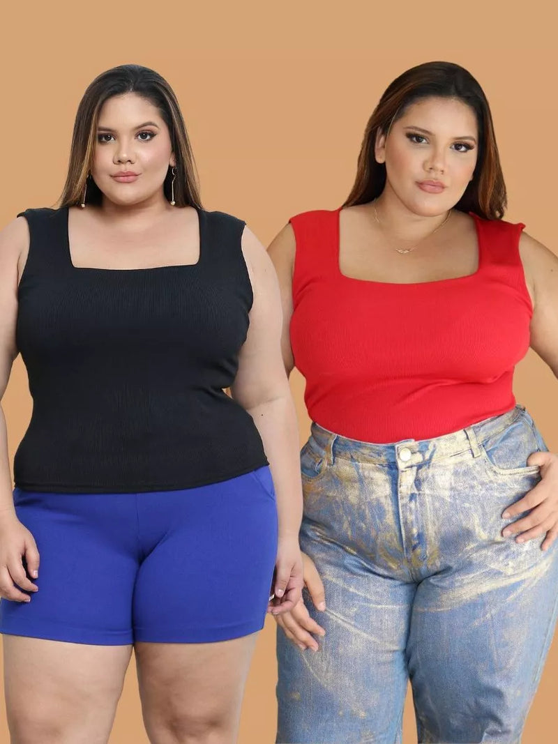 KIT 2 Blusa Regata Plus Size Social Chique com Gola Quadrada Verão Moda Feminina Plus