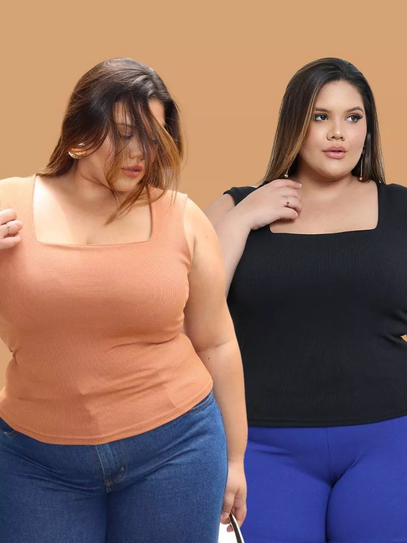 KIT 2 Blusa Regata Plus Size Social Chique com Gola Quadrada Verão Moda Feminina Plus